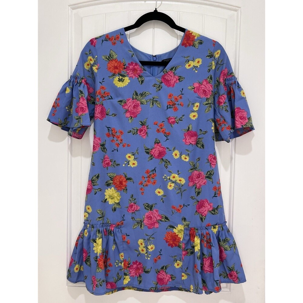 Ann Taylor Periwinkle Blue Flutter Hem Sleeve Floral Sheath Dress Size 2P LINED